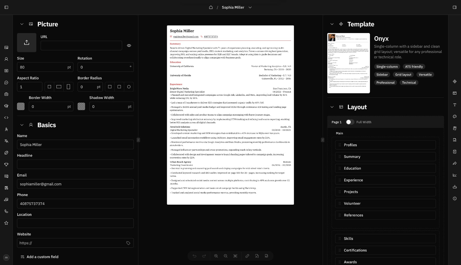 Reactive Resume's editor