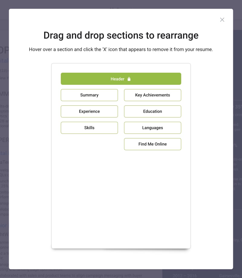Drag and drop interface for rearranging resume sections