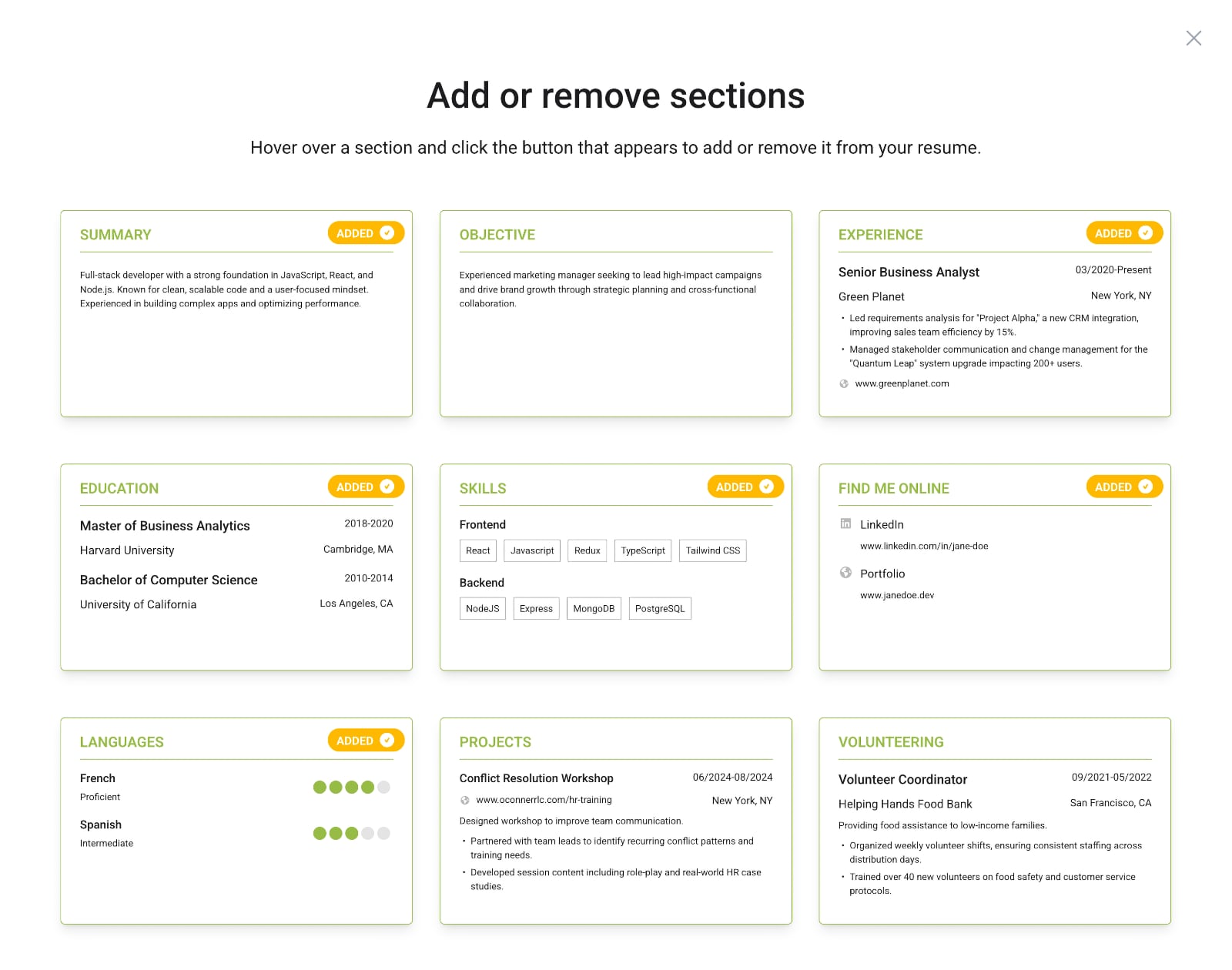 Extensive section library interface for previewing, adding or removing resume sections