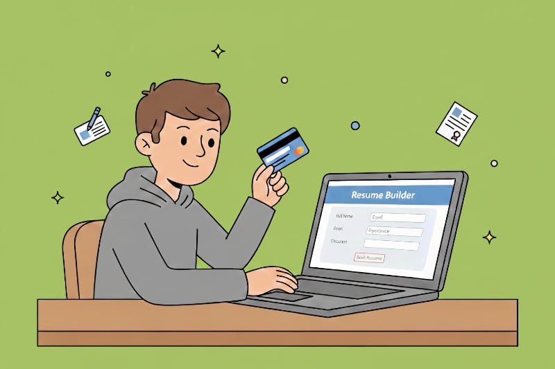 Illustration of a job seeker subscribing to a resume builder website